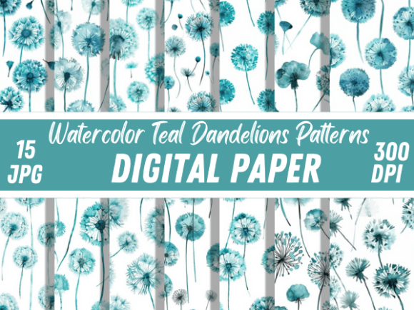 Watercolor Teal Dandelions Paper Pattern